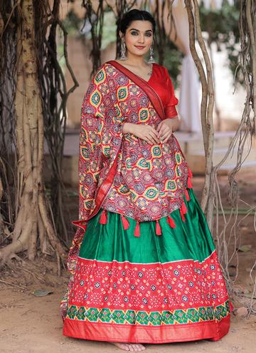 Patola Print Foil Work Green Dola Silk Lehenga Choli Set